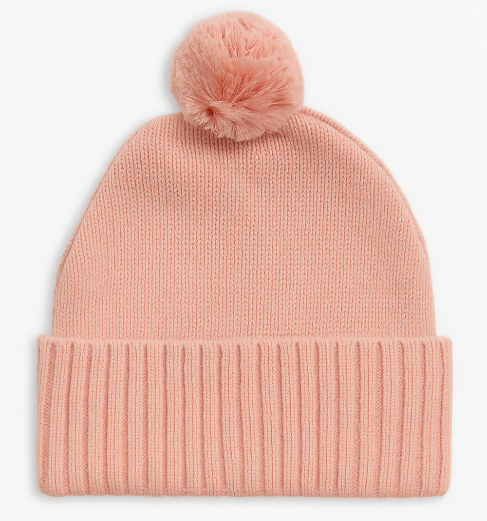 Pink knit beanie with a pom-pom